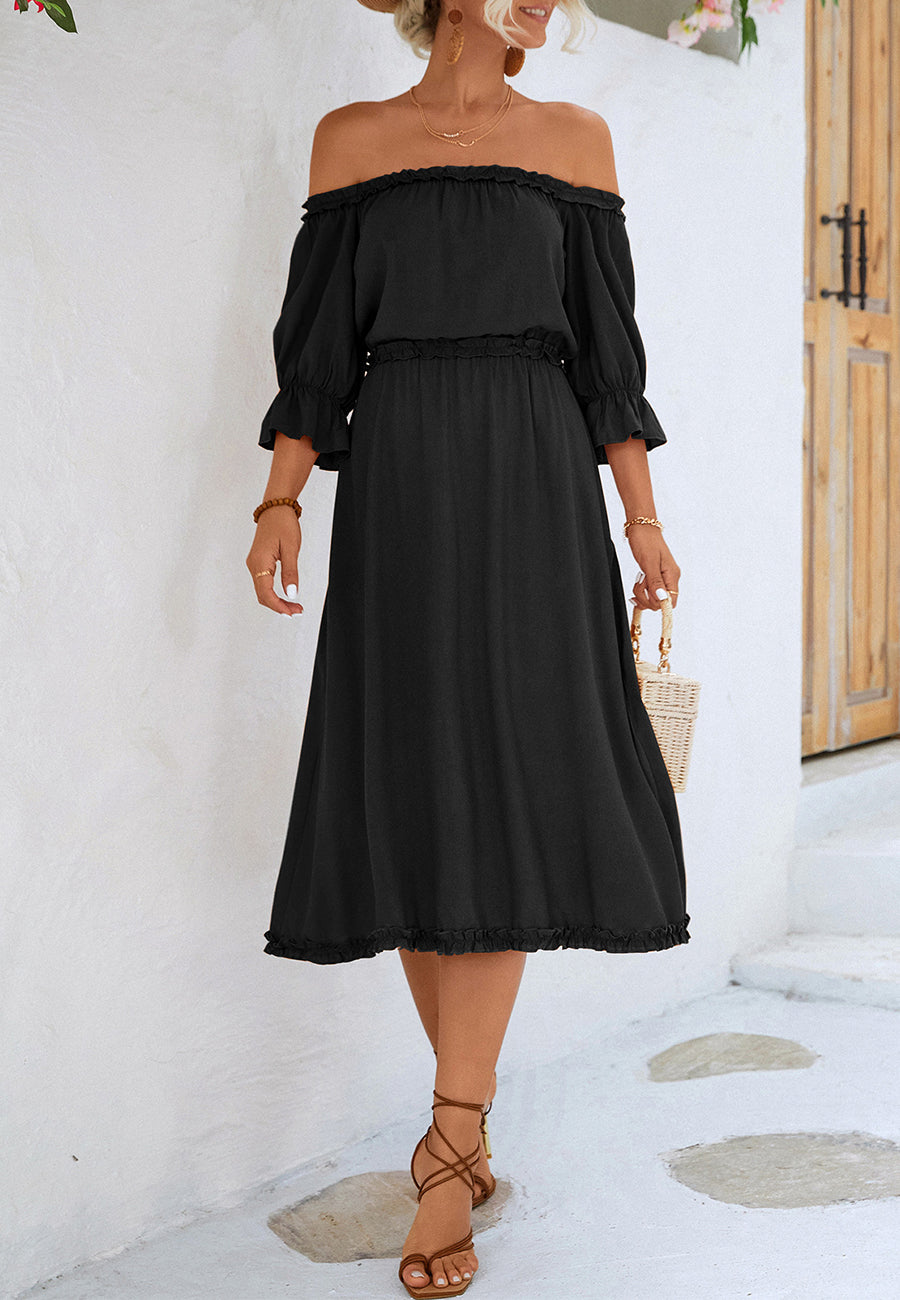 Vestido con hombros descubiertos y ribete de volantes 