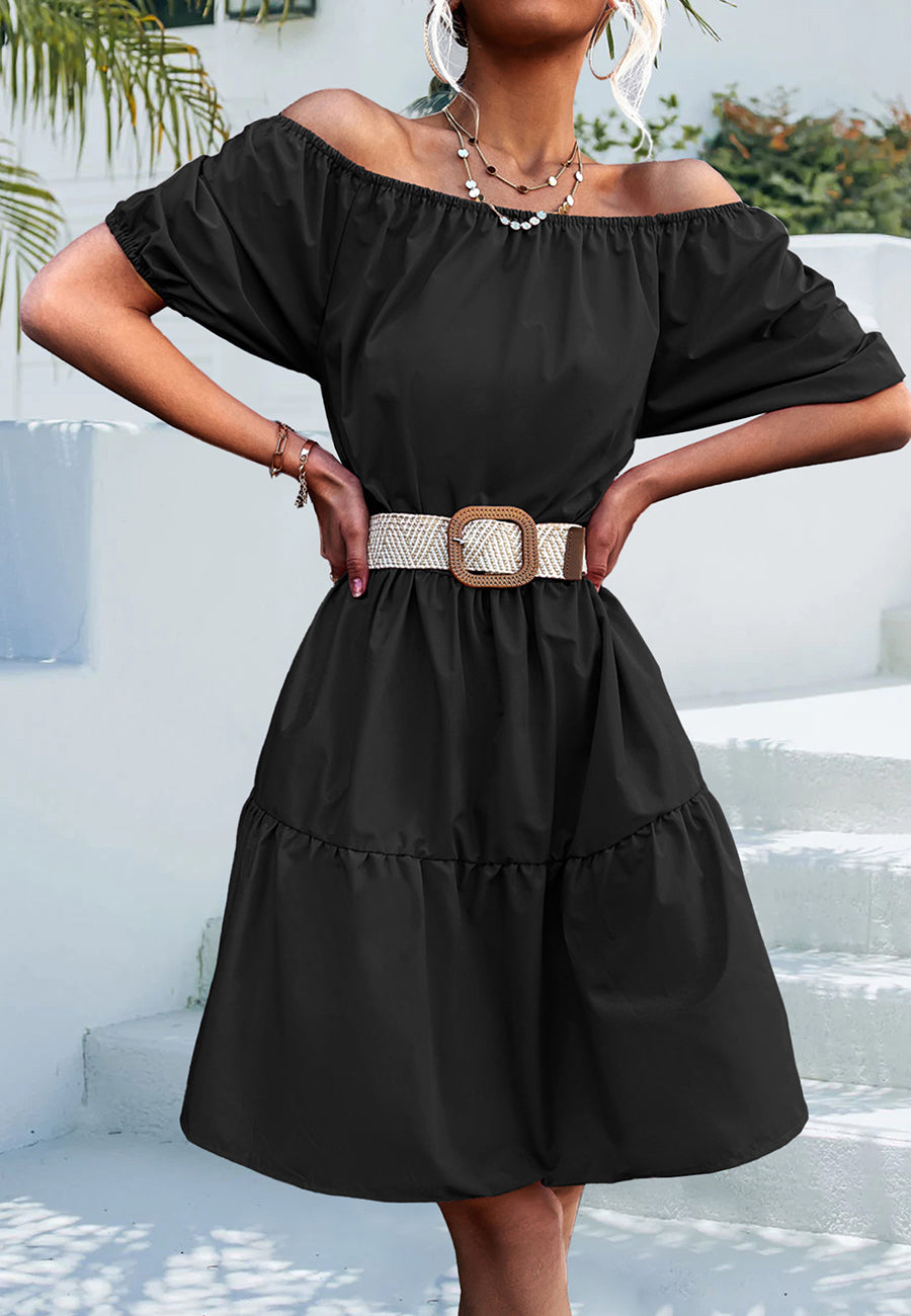 Vestido clásico con cuello redondo y mangas abullonadas 