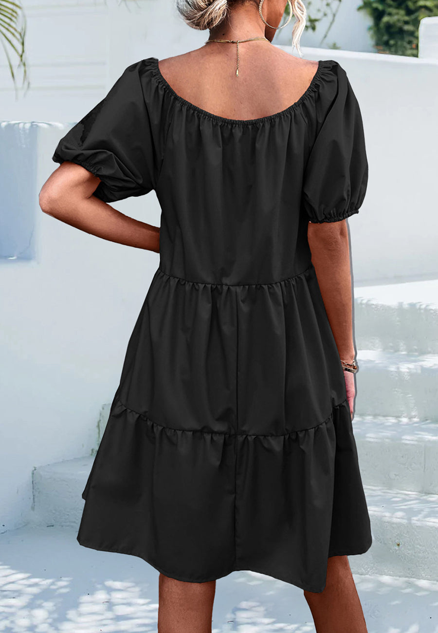 Vestido clásico con cuello redondo y mangas abullonadas 