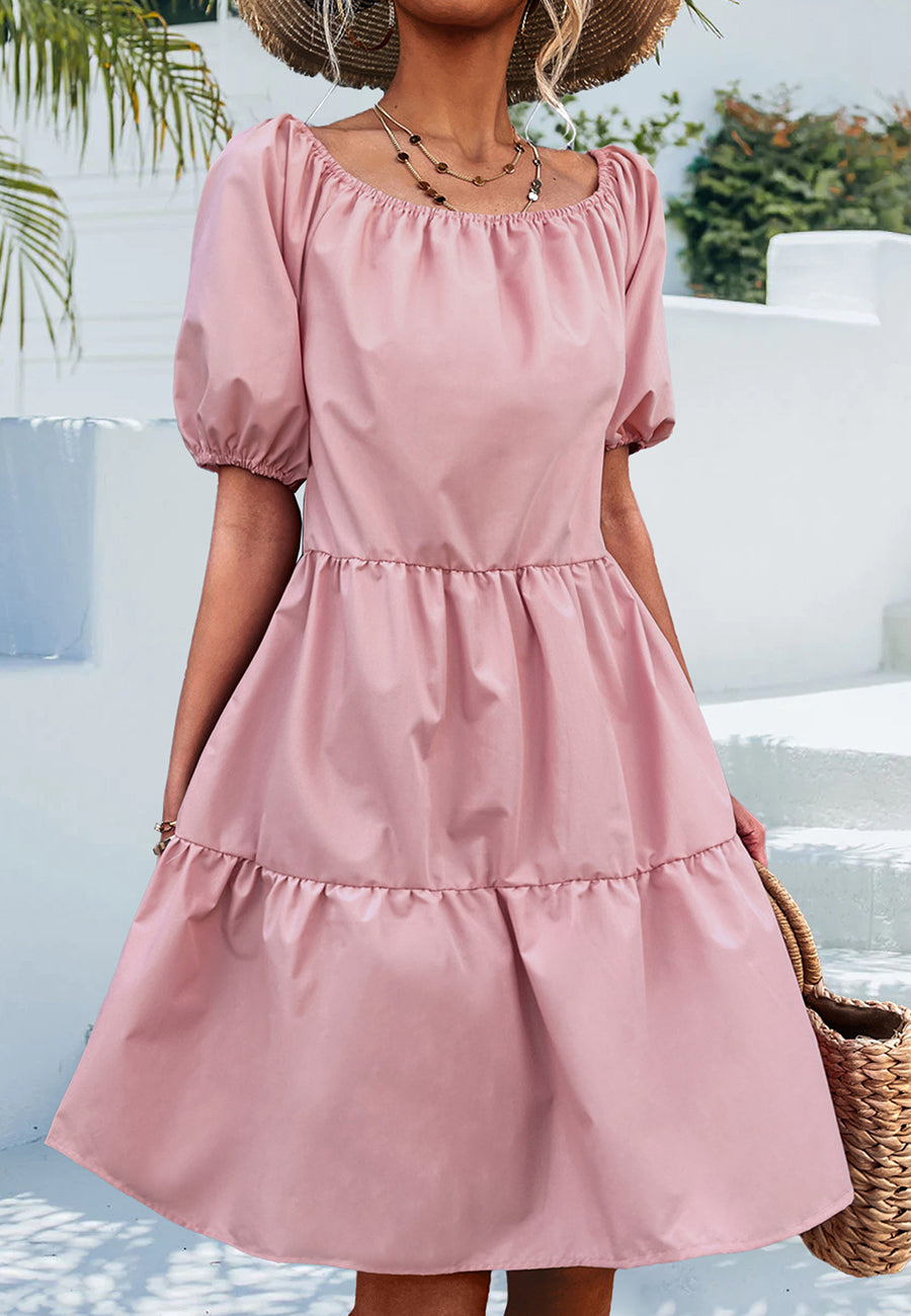Vestido clásico con cuello redondo y mangas abullonadas 