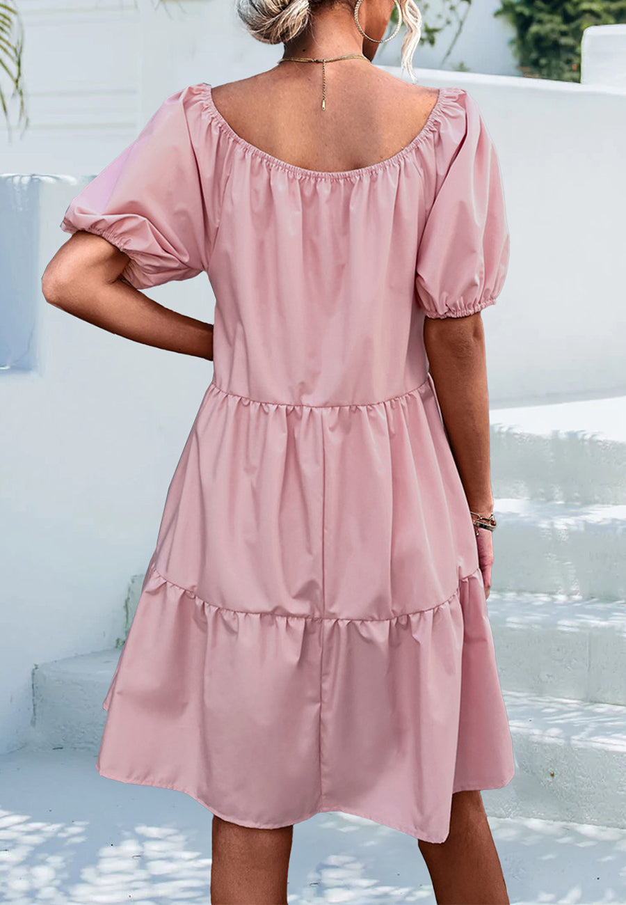 Vestido clásico con cuello redondo y mangas abullonadas 