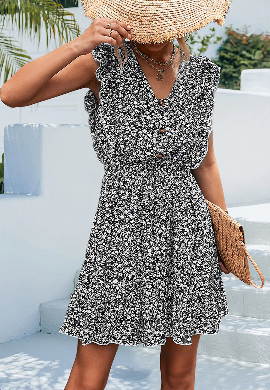 Vestido con volantes en la parte delantera y estampado floral 