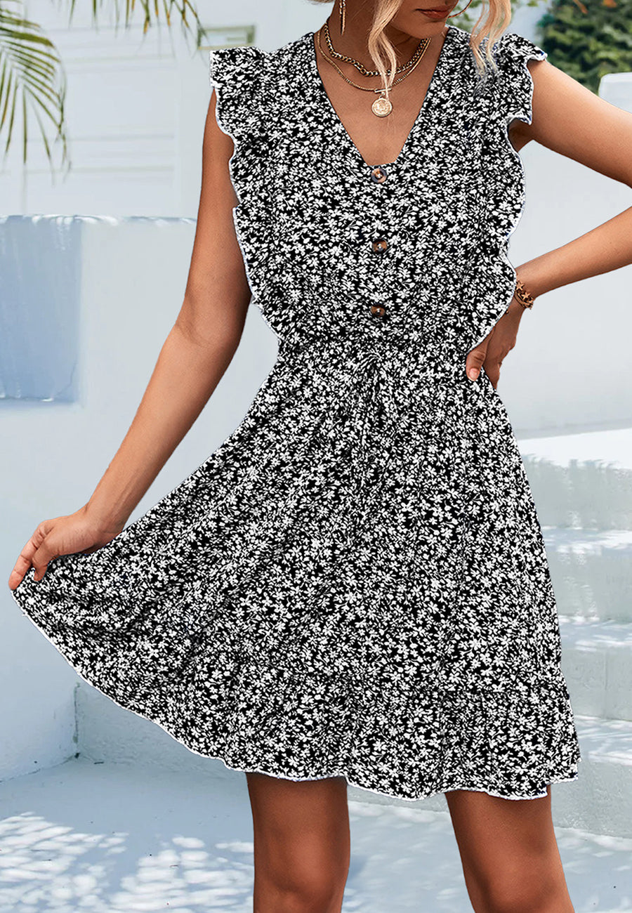 Vestido con volantes en la parte delantera y estampado floral 