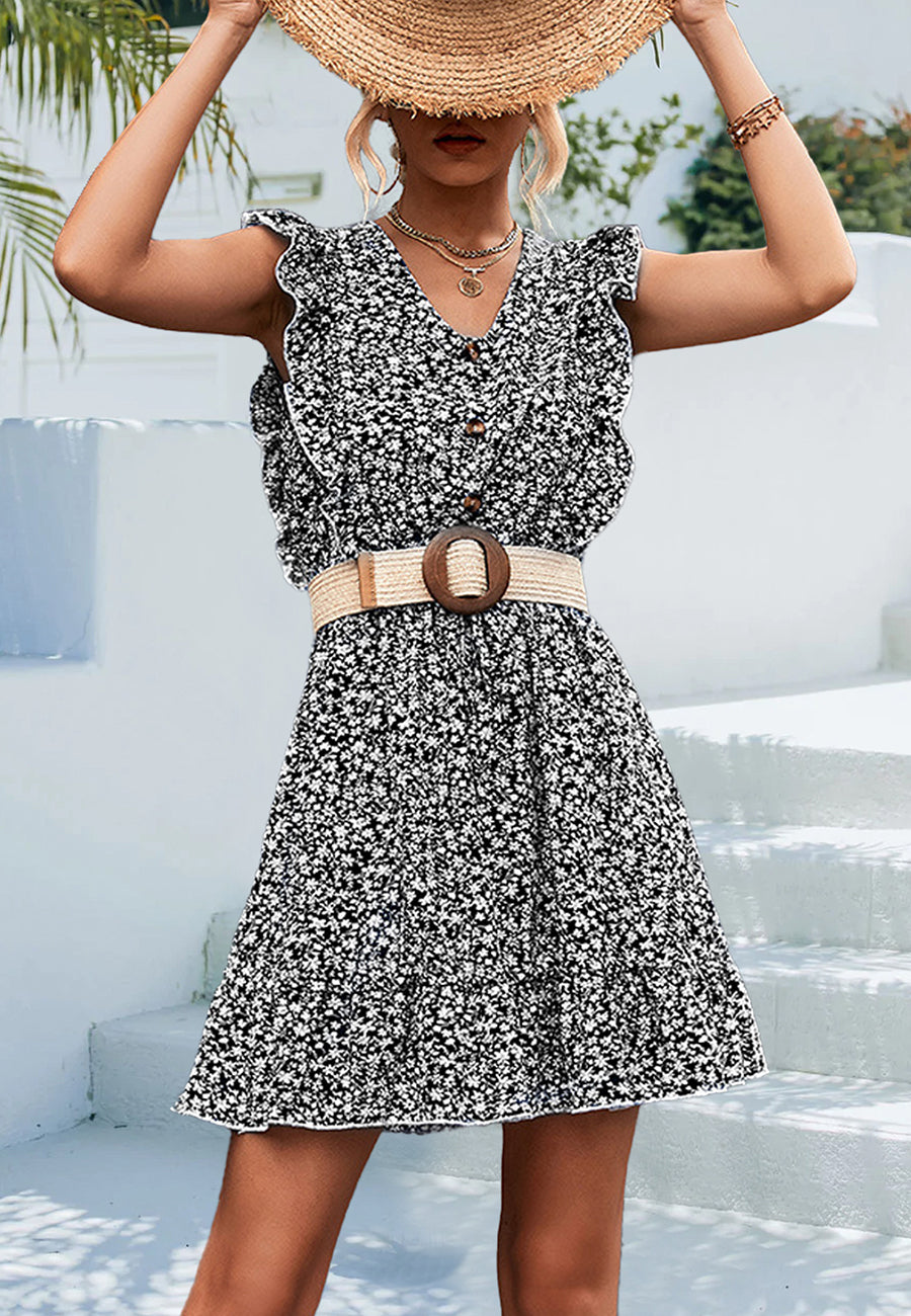 Vestido con volantes en la parte delantera y estampado floral 