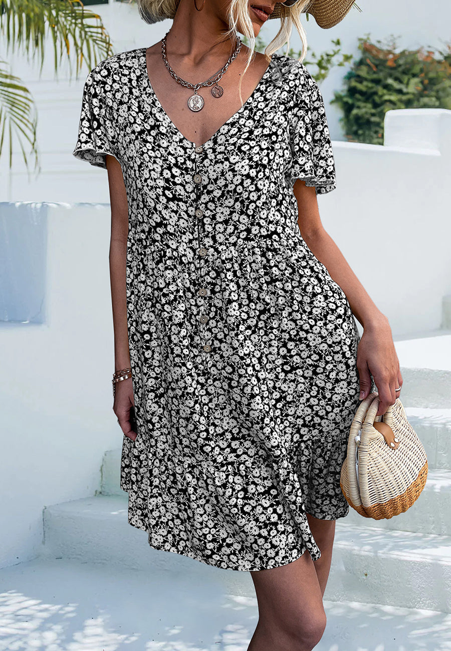 Ditsy Floral Print Flutter Sleeve Dress