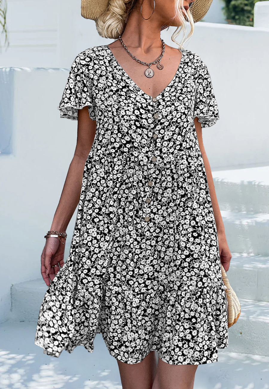 Vestido con mangas abullonadas y estampado de flores ditsy