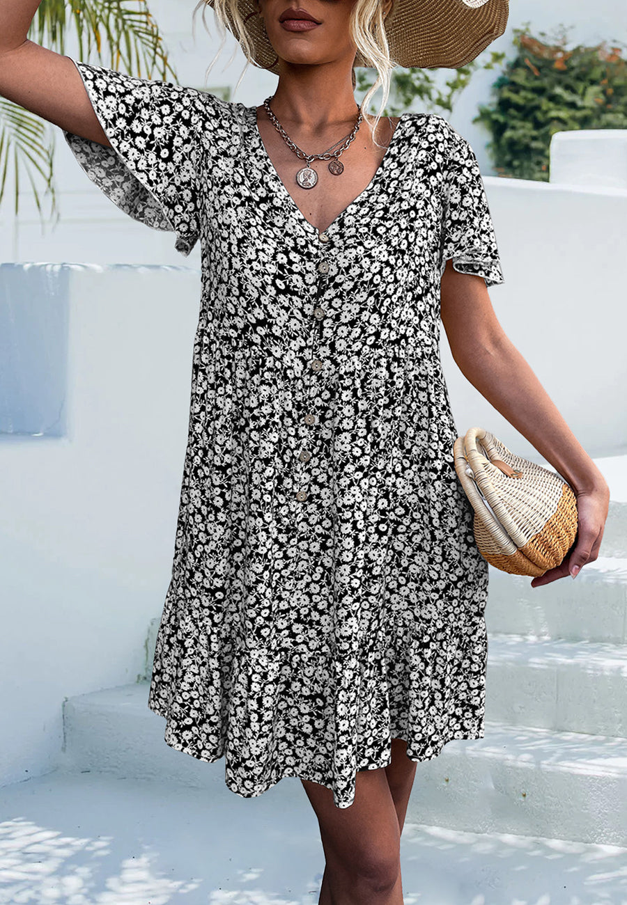 Vestido con mangas abullonadas y estampado de flores ditsy