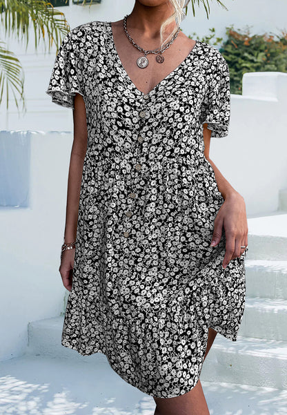 Ditsy Floral Print Flutter Sleeve Dress