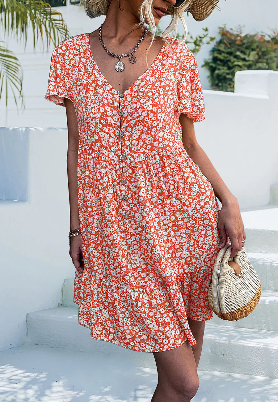 Ditsy Floral Print Flutter Sleeve Dress