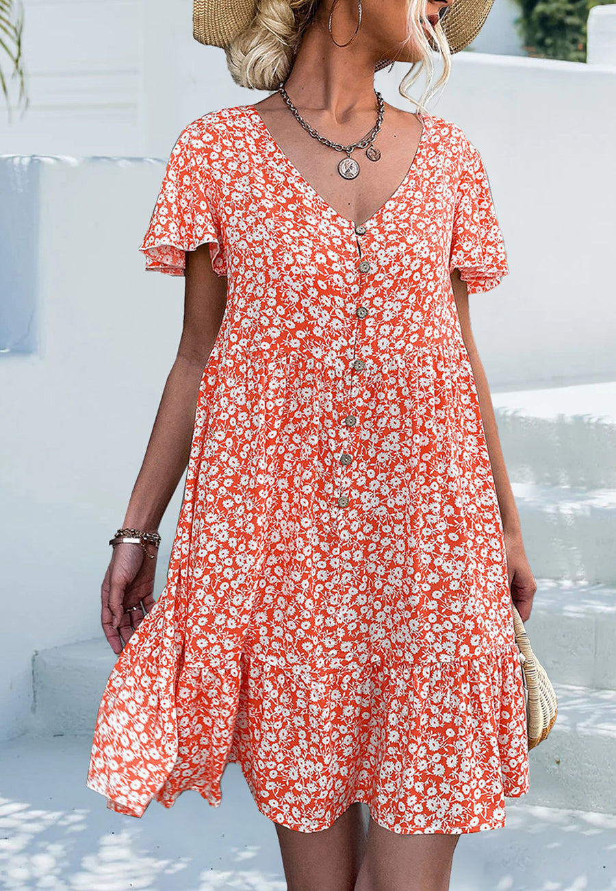 Ditsy Floral Print Flutter Sleeve Dress