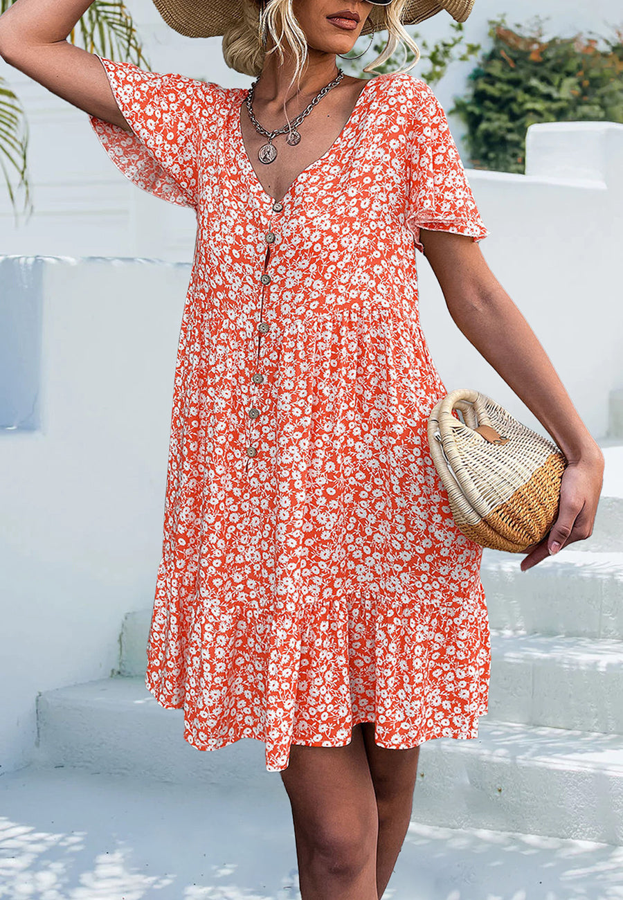 Ditsy Floral Print Flutter Sleeve Dress