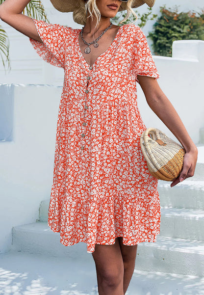 Ditsy Floral Print Flutter Sleeve Dress