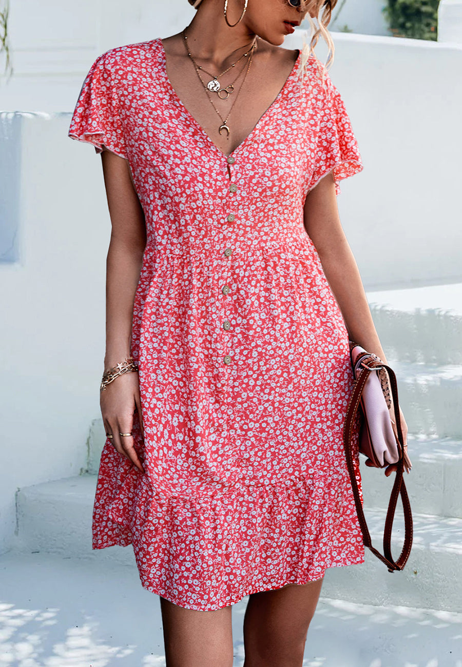 Ditsy Floral Print Flutter Sleeve Dress