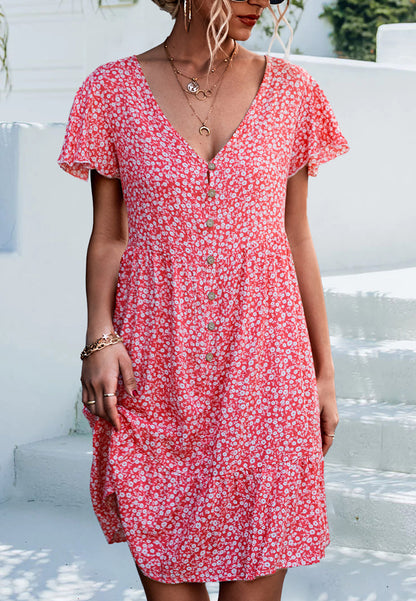Ditsy Floral Print Flutter Sleeve Dress