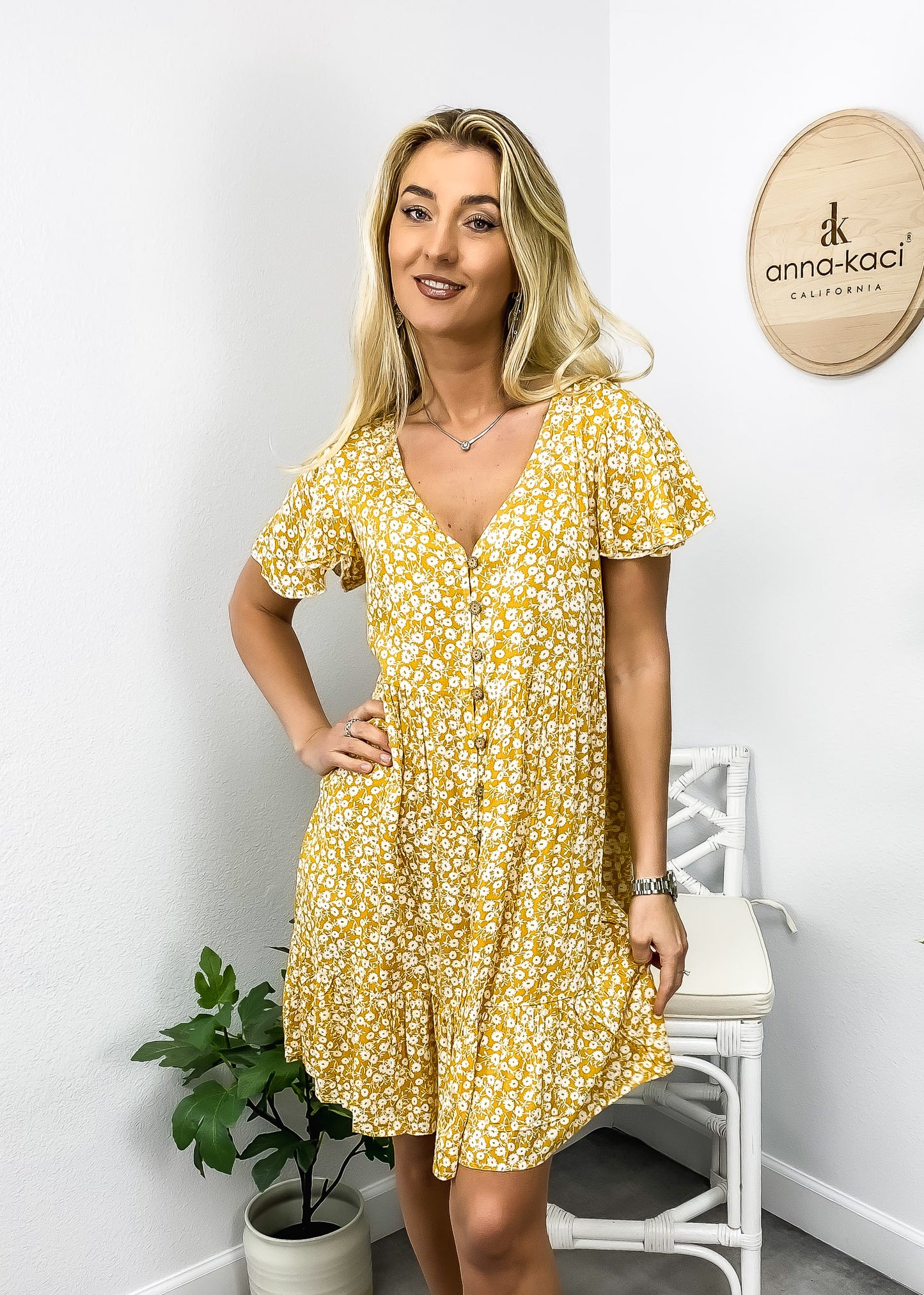 Ditsy Floral Print Flutter Sleeve Dress
