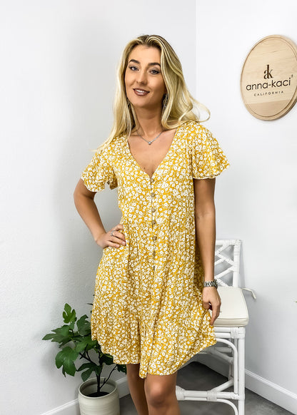 Ditsy Floral Print Flutter Sleeve Dress