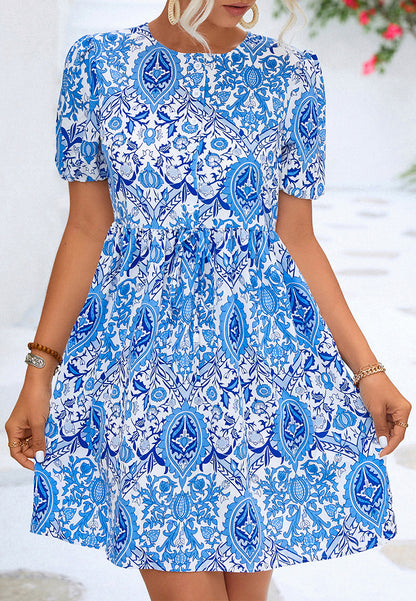 Vestido con mangas abullonadas y estampado geométrico de cachemira 
