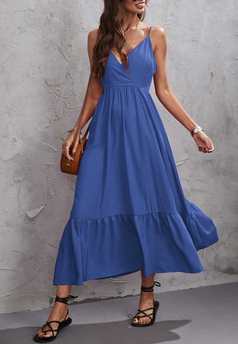 Vestido de cuello cruzado en color liso 
