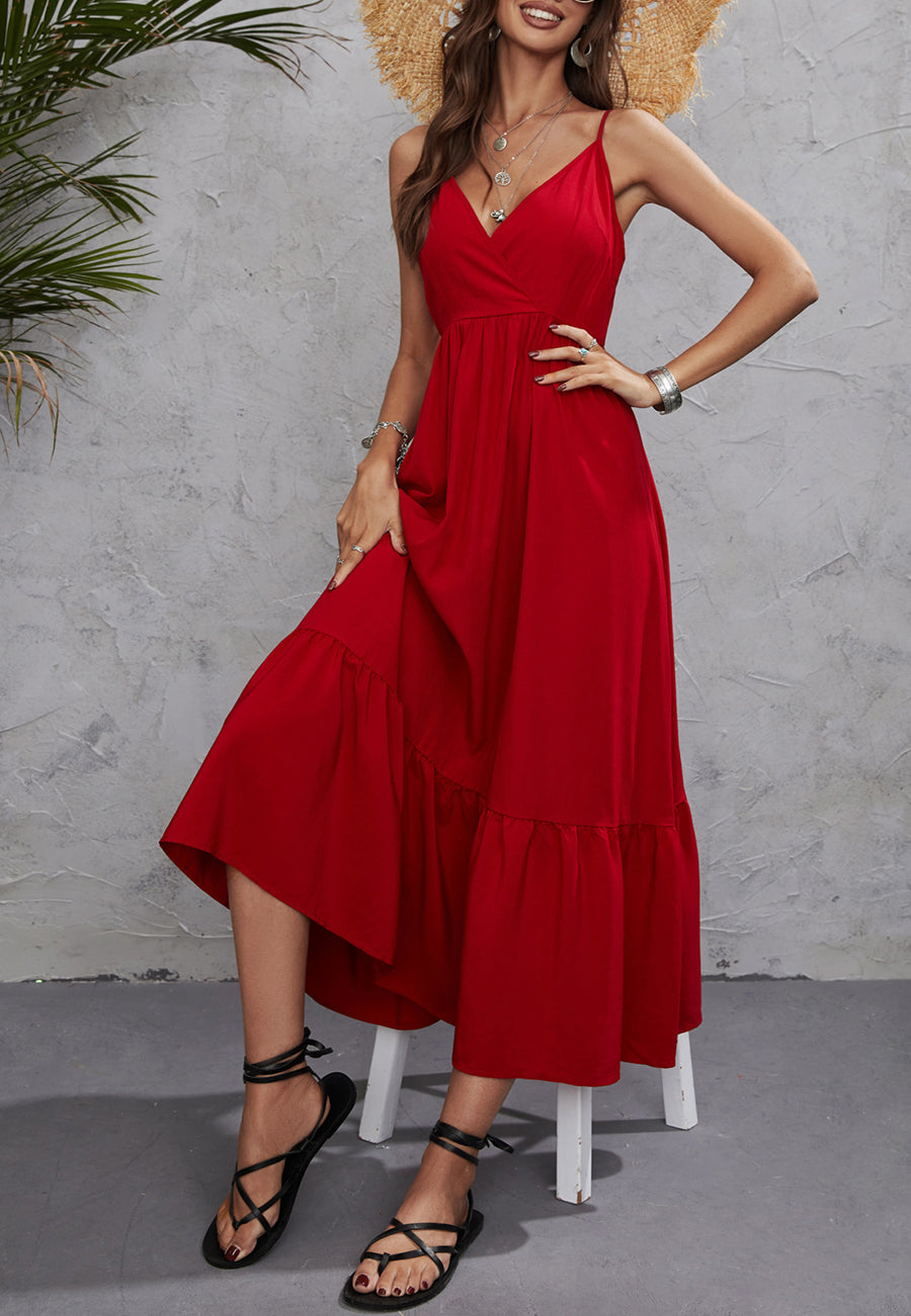 Vestido de cuello cruzado en color liso 