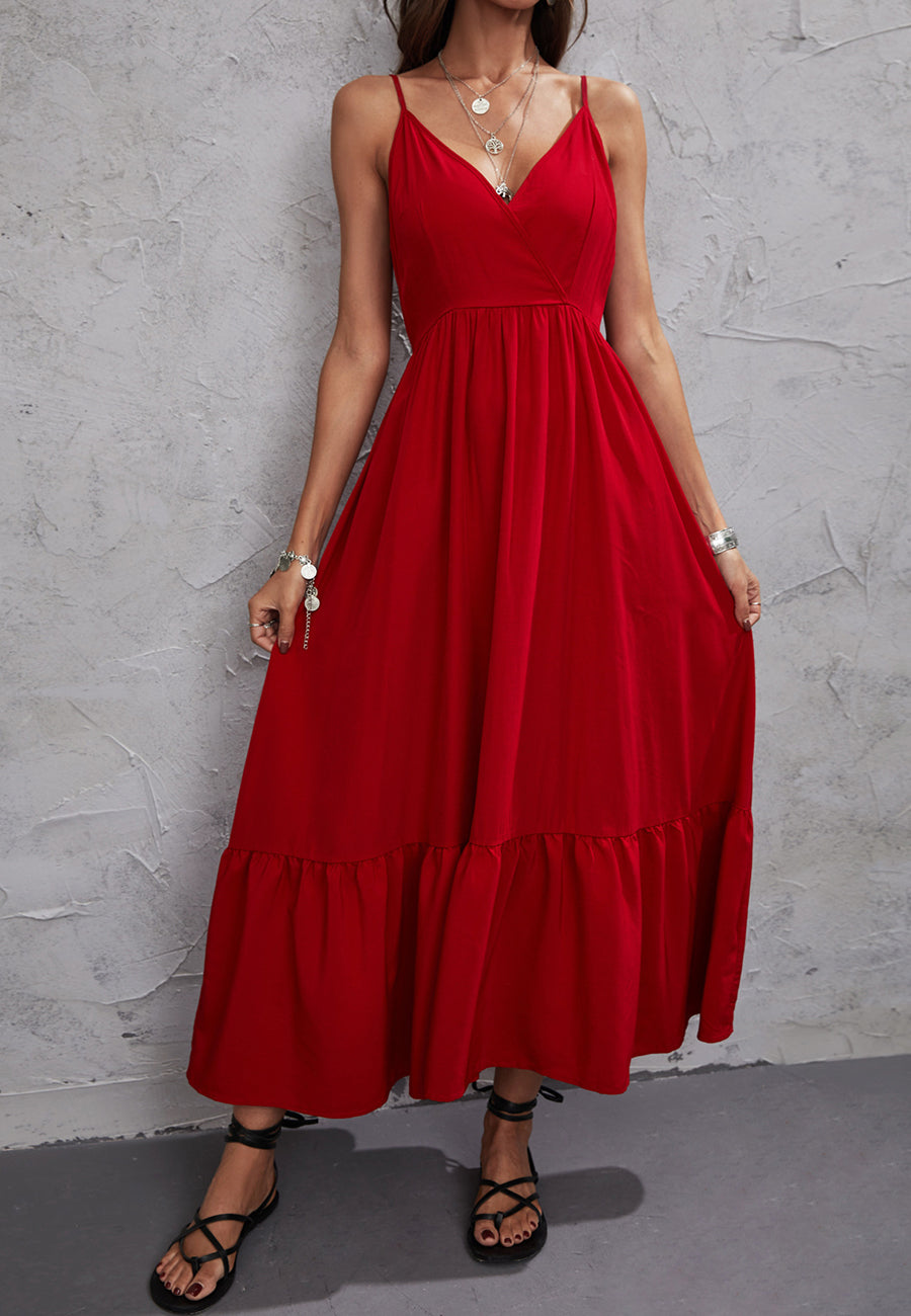Vestido de cuello cruzado en color liso 