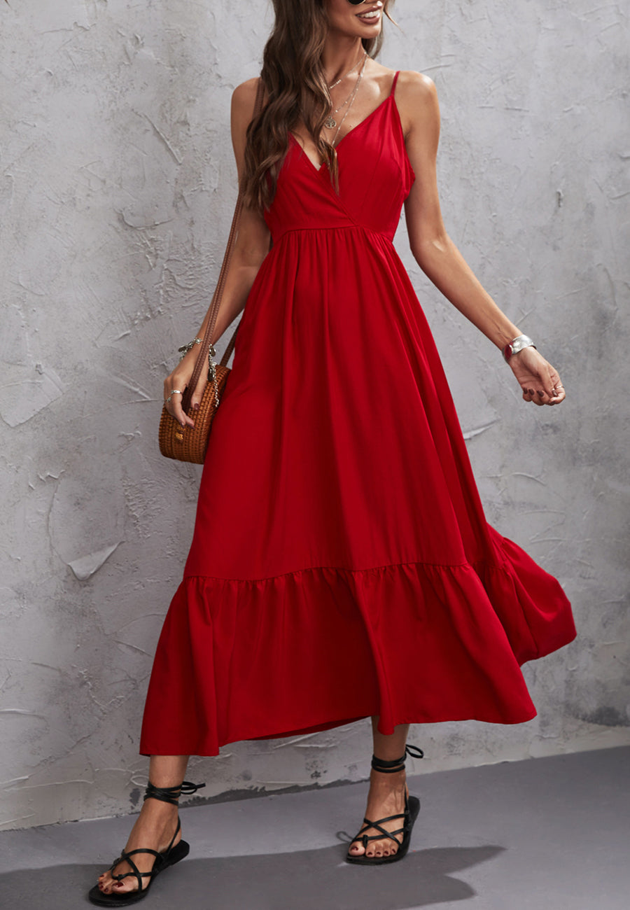Vestido de cuello cruzado en color liso 