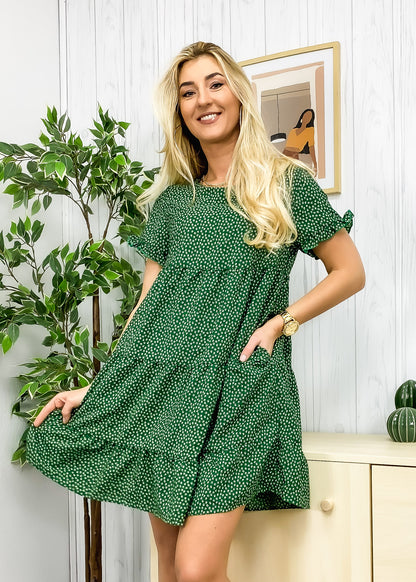 Round Neck Spotted Print Tiered Dress