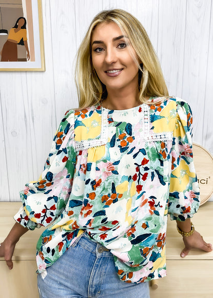 Multicolor Floral Lace Detail Blouse