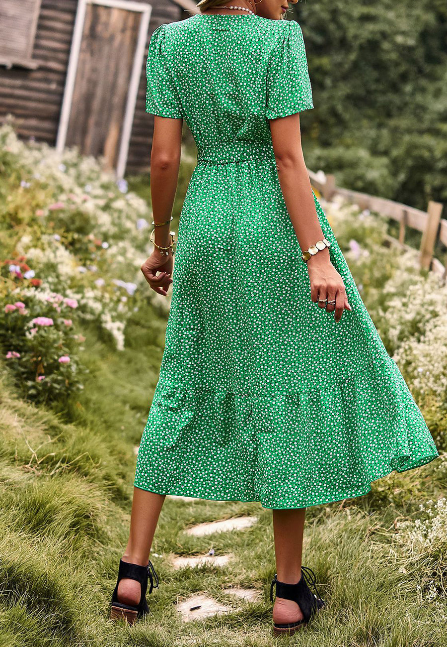 Vestido midi con dobladillo con volantes y estampado floral 