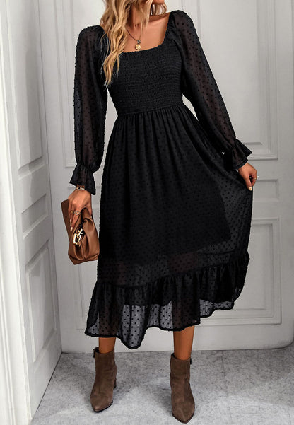 Square Neck Swiss Dot Midi Dress
