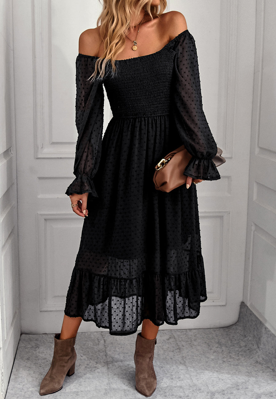 Square Neck Swiss Dot Midi Dress