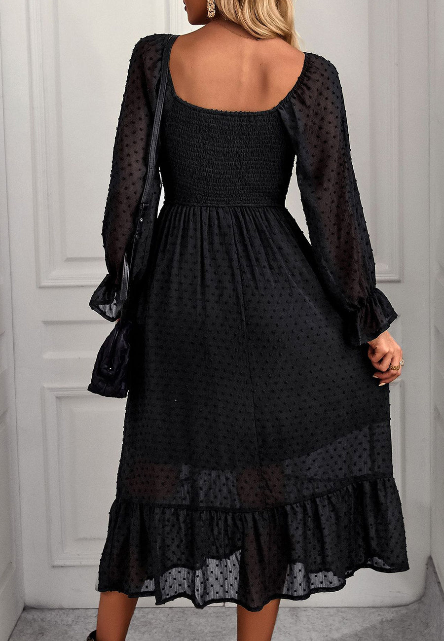 Square Neck Swiss Dot Midi Dress