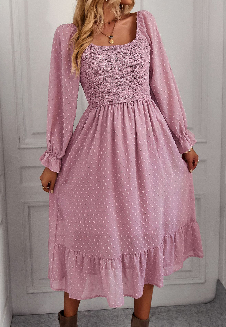 Vestido midi de lunares suizos con escote cuadrado 