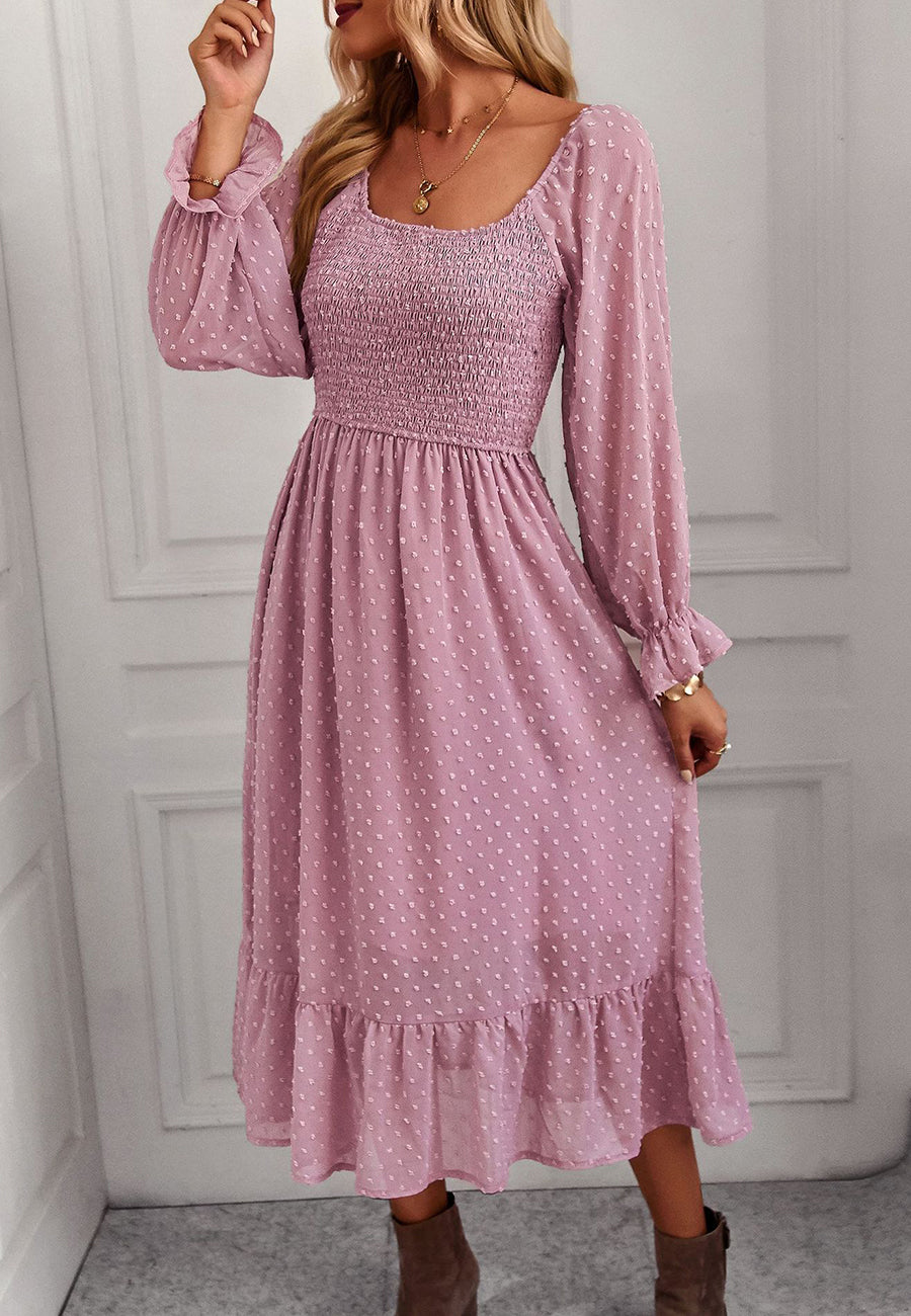Vestido midi de lunares suizos con escote cuadrado 