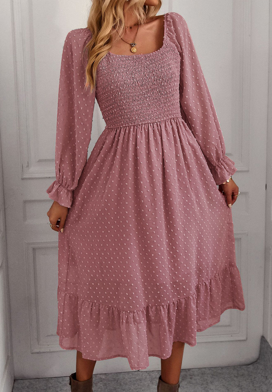 Vestido midi de lunares suizos con escote cuadrado 