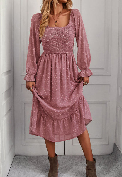 Square Neck Swiss Dot Midi Dress
