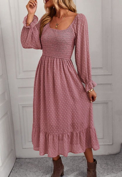 Square Neck Swiss Dot Midi Dress