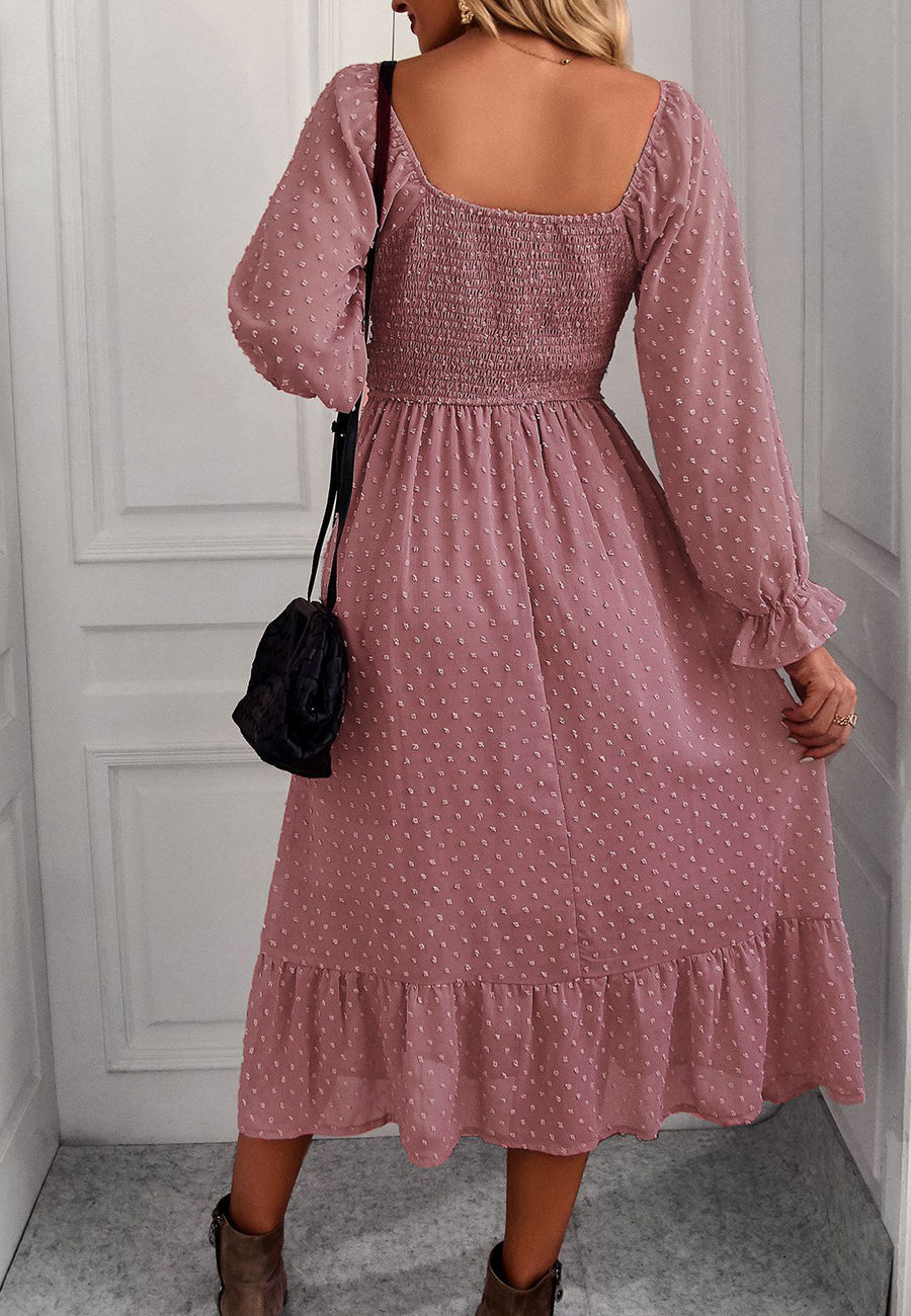 Vestido midi de lunares suizos con escote cuadrado 