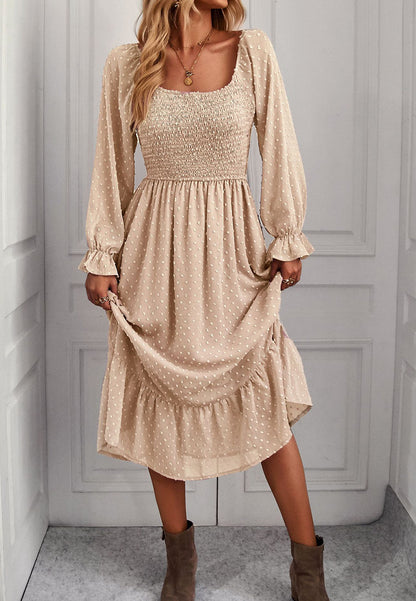 Square Neck Swiss Dot Midi Dress
