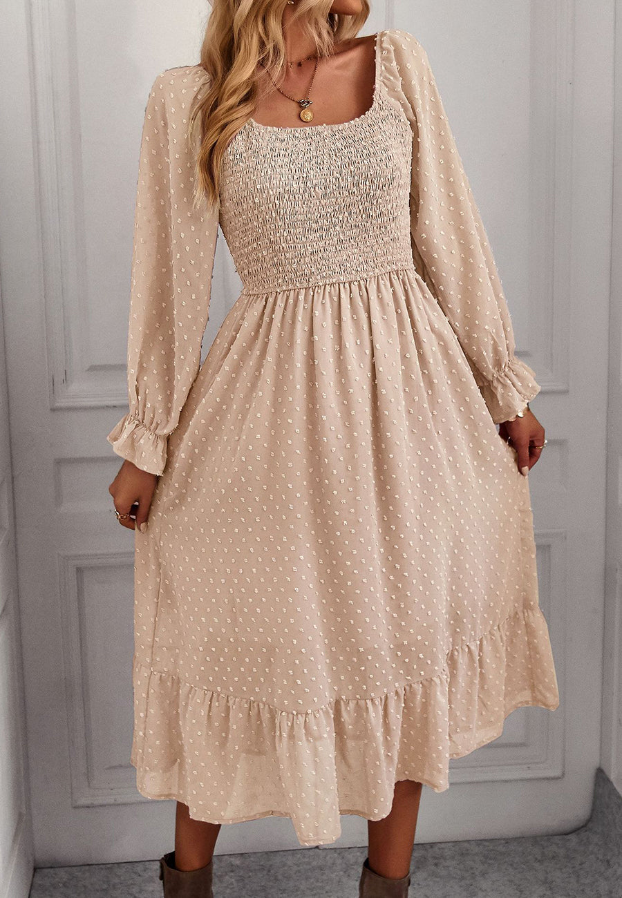 Vestido midi de lunares suizos con escote cuadrado 