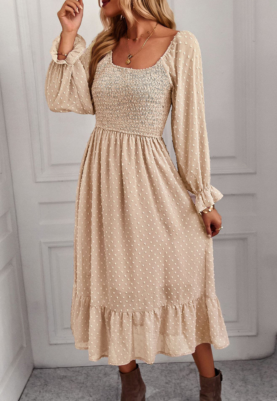 Vestido midi de lunares suizos con escote cuadrado 