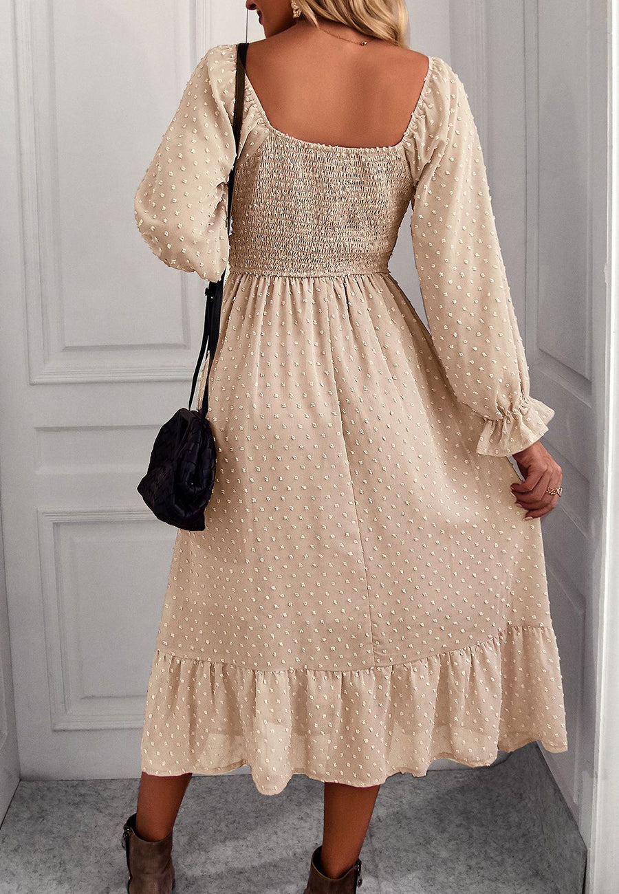 Vestido midi de lunares suizos con escote cuadrado 