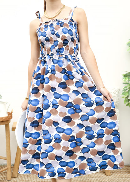 Vestido fruncido con estampado y lazo en los hombros 