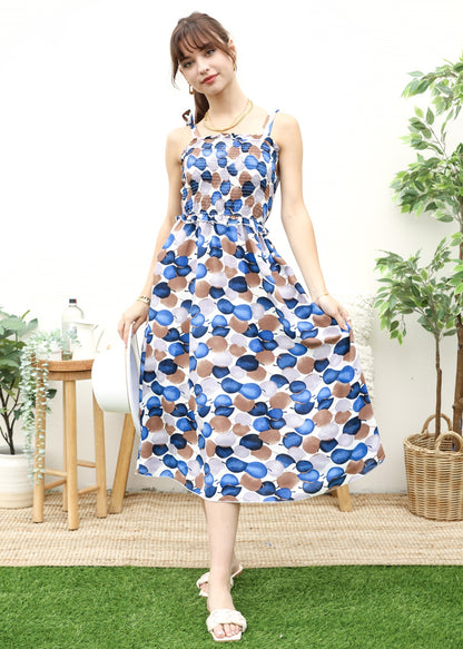Vestido fruncido con estampado y lazo en los hombros 