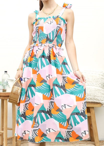 Vestido fruncido con estampado y lazo en los hombros 