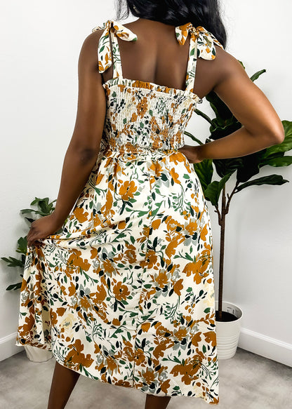 Vestido fruncido con estampado y lazo en los hombros 
