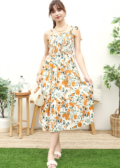 Vestido fruncido con estampado y lazo en los hombros 