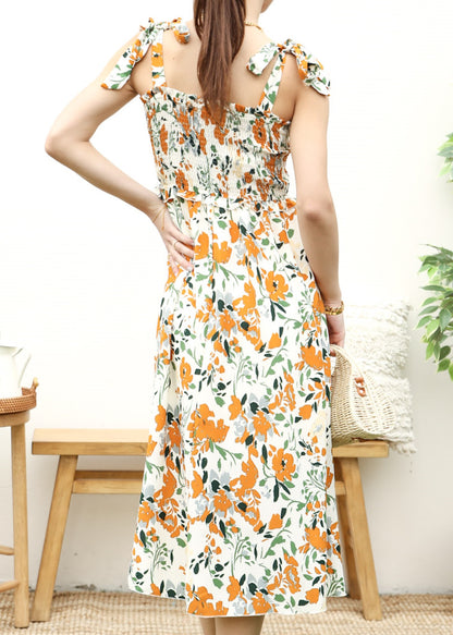 Vestido fruncido con estampado y lazo en los hombros 