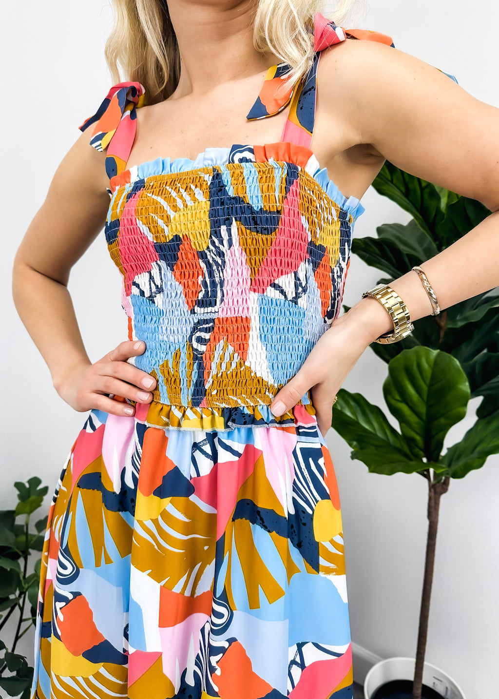 Tie-Shoulder Printed Shirred Dress
