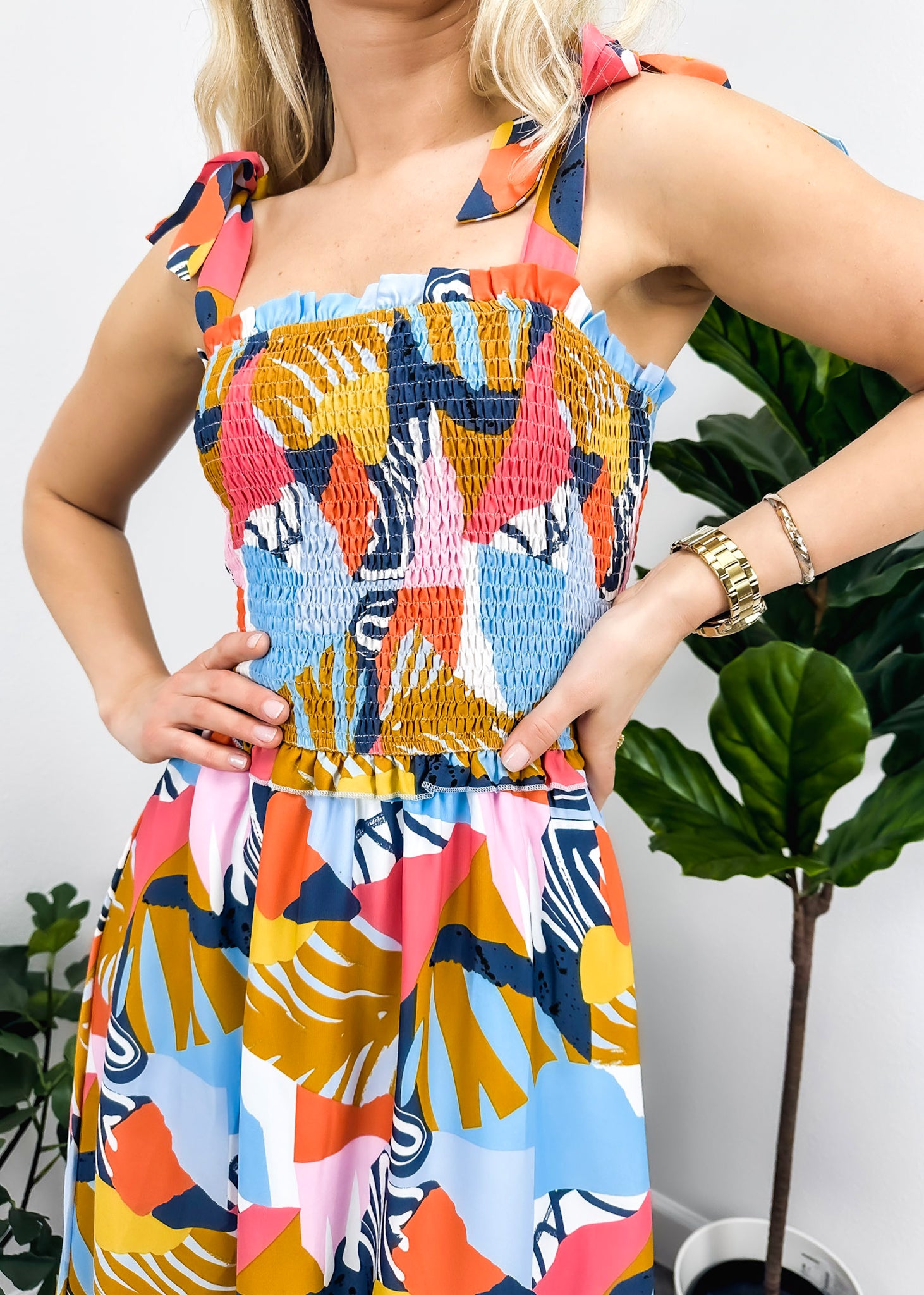 Tie-Shoulder Printed Shirred Dress