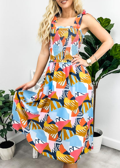 Vestido fruncido con estampado y lazo en los hombros 